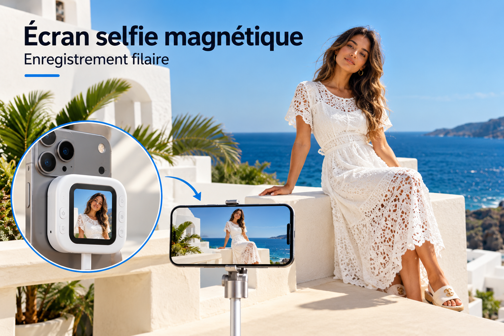 Selfio – Mini-écran magnétique pour iPhone et Samsung : selfies et vlogs avec la caméra arrière