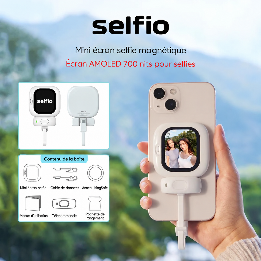 Selfio – Mini-écran magnétique pour iPhone et Samsung : selfies et vlogs avec la caméra arrière