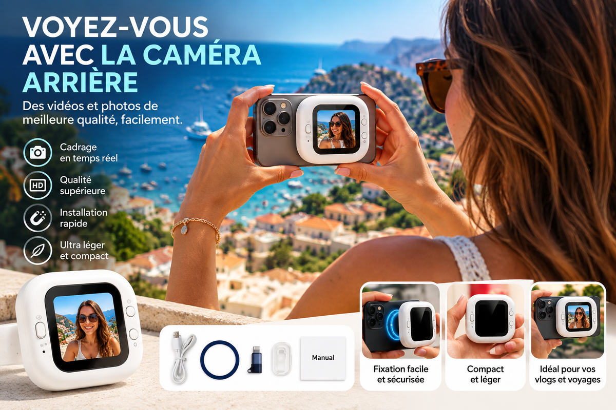 Selfio – Mini-écran magnétique pour iPhone et Samsung : selfies et vlogs avec la caméra arrière